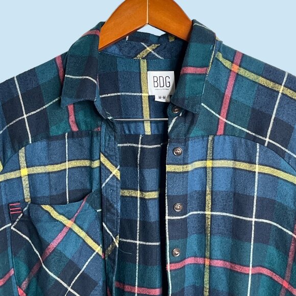 BDG Urban Outfitters Blue Plaid Flannel Medium Mens Boyfriend Button Shirt Long - Picture 4 of 10